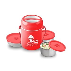 Asian Diet Meal Plastic Lunch Box Set, 3-Pieces, Red