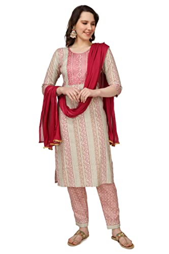 Ashwini Women 3 Piece Indian Kurta Set | Rayon Tunic Top With Salwar and Chiffon Dupatta | Printed Salwar Suit