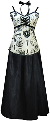 Cykxtees Funhouse Victorian Steampunk Gothic Clock Print Dress Camisole & Skirt Ivory Black