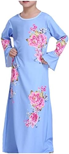 Sheng Xi Girls Islamic Printing Trumpet Sleeve Muslim Eid Abaya Dress Light Blue 140