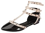 Top Moda Women's Orange-1 Studded Pointed Toe Buckle Strappy Gladiator Punk Flat
