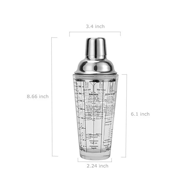 Cocktail-Shaker aus Glas, bedruckt mit Rezepten, 400 ml, Martini-Shaker mit doppeltem Messbecher, Edelstahl 18/8… – Bild 6