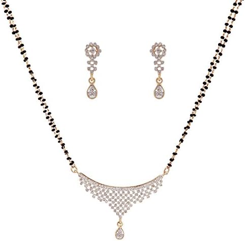Sempre of London Thread CZ Crystal Diamonds with Gold & Rhodium Plated Mangalsutra with Earrings for Women