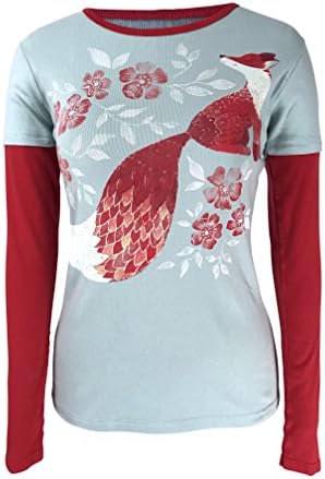 Green 3 Hand Painted Fox Long Sleeve 2 In 1 Tee (Turquoise) - 100% Organic Cotton Womens T Shirt, Made In The USA (Medium)
