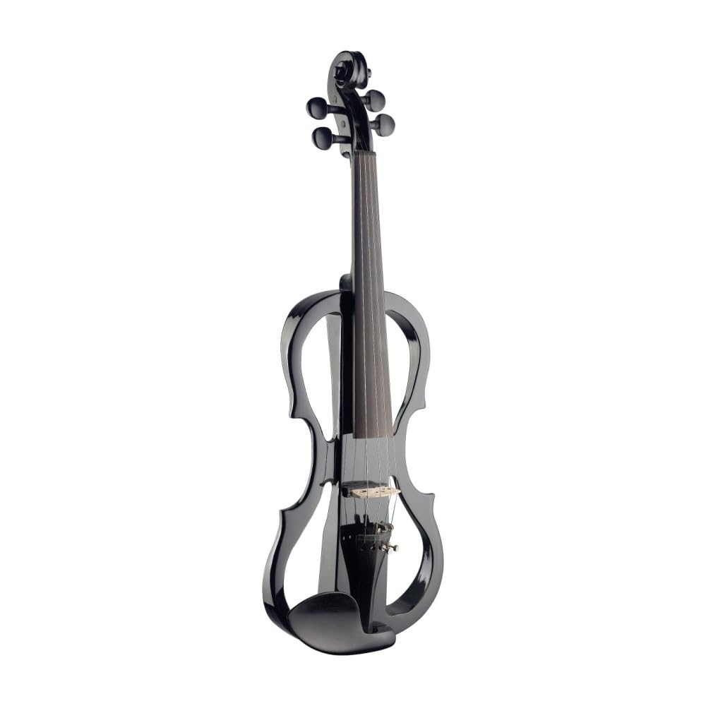 Stagg Full Size 4/4 Electric Silent Violin Set with Bow, Hard Case, Strap, Stereo Headphones and Rosin, Black, X Shape