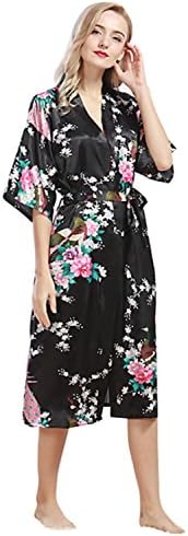 SheSmile Gorgeous Women Satin Long Robe Peacock Blossoms Silk Sleepwear Bathrobe