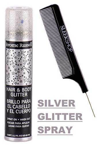 Jerome Russell Hair & Body GLITTER, Spray On Aerosol Spray, Temporary Wash Out Hair Color Dye (w/Sleek Steel Pin Tail Comb) Haircolor Hairspray (SILVER)