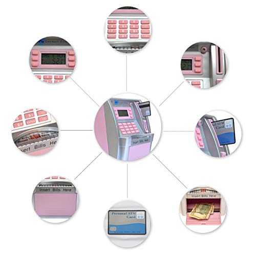 LB Pink ATM Savings Bank Electronic Mini ATM Piggy Bank Cash Coin Educational ATM Machine for Girls Birthday