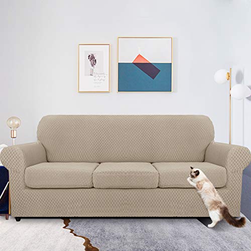 MAXIJIN 4 Pieces New Jacquard Sofa Cover for 3 Seater Super Elastic Non-Slip Pet Friendly Protector for Elastic Sofa (3 Seater, Khaki)