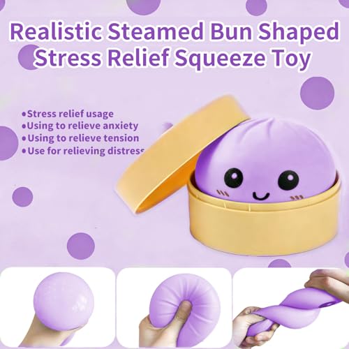 Dumpling Squishy Stress Ball, JHSRVER Mystery Dumpling Squishies, Dumplings Stretchy Desk Toy, Handmade Squeeze Toys, Bun Dough Sensory Fidget Toy with a Steame (Purple)