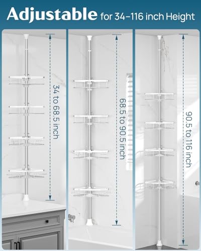 SEIRIONE Rustproof Shower Corner Caddy Organizer for Bathroom, 4 Adjustable Shelves with Tension Pole, for Bathtub Shampoo Accessories Storage Holder, 34 to 116 Inch Height, Silver