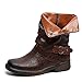 JESPER Vintage Women Round Toe Booties Faux Leather Zipper Square Heel Ruffle Boots Shoes Coffee