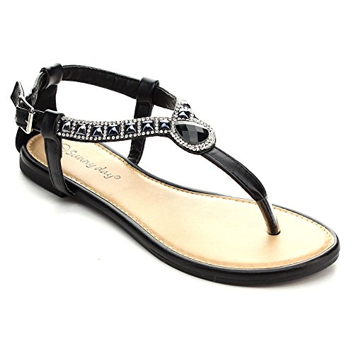 SUNNY DAY ZALIA-4 Women's T-strap Rhinestone Buckle Strap Flat Thong Sandals