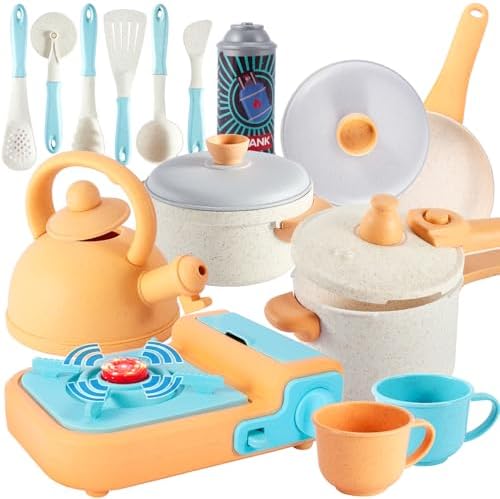 BUYGER Pretend Play Kitchen Set Accessories with Light and Sound Stove for Kids Aged 3+, Tea Set Pots and Pans Playset Cookware Utensils Toy for Kids Toddlers Boys Girls