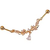 Niaspi 16G CZ Leaf Dangle Industrial Barbell Earring for Women Stainless Steel Crystal Chain Industrial Piercing Cartilage Helix Conch Stud Earrings Body Piercing Jewelry