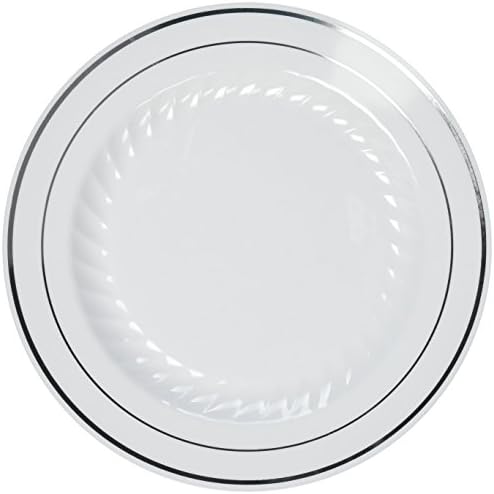 Fineline Settings Silver Splendor White With Silver Round China-Like 7" Plate 150 Pieces