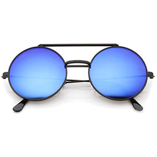zeroUV - Mid Size Flip-Up Colored Mirror Lens Round Django Sunglasses 49mm (Black / Blue Mirror)