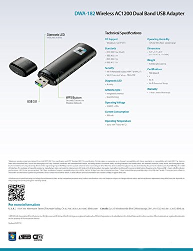 D-Link Wireless Dual Band AC1200 Mbps USB Wi-Fi Network Adapter (DWA-182)