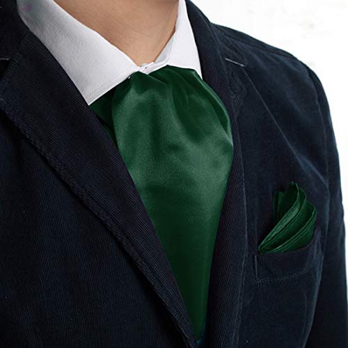 Green Cravat Tie For Men Ascot Pocket Square 53" Satin Solid Extra Long Self Smart Ascot Scarf Pocket Square Dan Smith C.C.AQ.H.015 Dark Green - Thumbnail 6