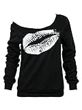 Choies Women's Cotton Black Red Lip Print One Shoulder Long Sleeve Loose Blouse