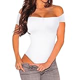 SUBWELL Women Off Shoulder Short Sleeve Bodycon Stretchy Leotard Bodysuit Jumpsuits (Large, White)