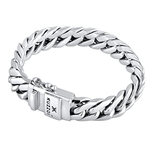 Kuzzoi Pulsera de plata de ley 925 maciza para hombre, hecha a mano, brillante, 14 mm de ancho, 90 g de peso, 335101