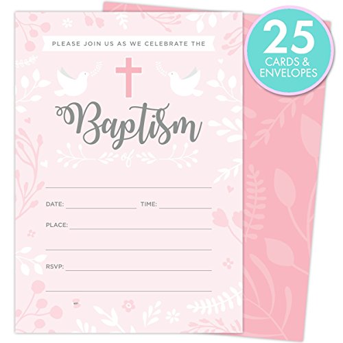 Baptism Invitations for Baby Girls, 25 Fill In The Blank Style Cards and Envelopes.