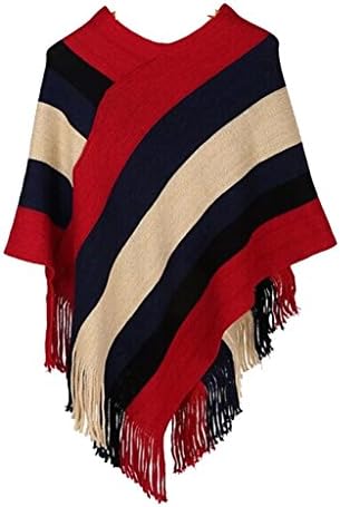 Women's Sweater Cape Shawl Tassel V-neck Striped Loose Knitted Pullover Cloack