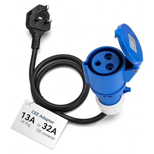 Powered EV 13A UK Plug to CEE Blue 32A 3-Pin Adapter Cable (50cm) - Heavy Duty EV Charger13A to 16A/32A Converter, IP44 Waterproof For EV Home Chargers, Caravan & Motorhomes, Camping & Industrial Use.