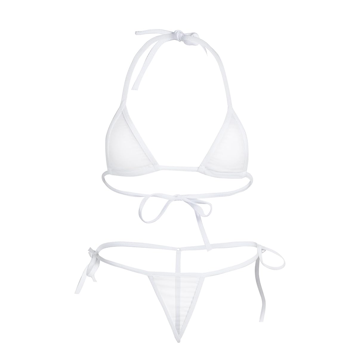 inlzdz Womens Sexy Tiny 2PCs Bikini Set Sheer Mesh See Through Swimsuit Bra Top with G-String Briefs White One Size