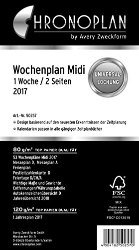Chronoplan 50297 Calendrier einlage 2027 (Annee Lot de 1 semaine/2 pages) Blanc Midi (avec planning journalier)