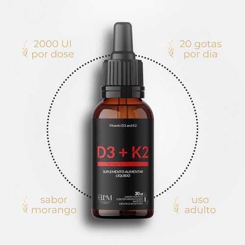 Vitamina D3 K2 em Gotas Sublingual 30mL ELLYM NUTRITION 2000 UI D3 + 120 mcg K2 Mk7 Sabor Morango Fortaleciomento Ósseo e Muscular
