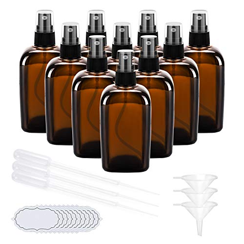ULG Small Empty Glass Spray Bottles 10 Pack 1.7oz/50ml Amber Fine Mist Sprayer Empty Refillable Essential Oils Perfume Cologne Atomizer for Outside Travel, DIY Labels Included