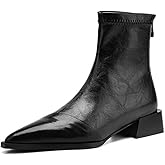 NHBEOEN Women's Leather Chunky Heel Ankle Boots with Back Zipper Retro Comfortable Pointed Toe Low Heel Short Bootie for Daily Casual Dress Boots