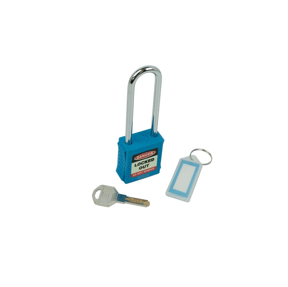 Lockout Long Shackled Padlock, Blue, 6 Pin Cylinder For Extra Security, Ribbed Nylon Body For Easy Gripping, Resistant To Chemicals & Corrosion, Supplied With 1 Key & Keyring