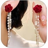 Long Chain Flower Drop Dangle Earrings for Women Sparkly Crystal Red Rose Chain Earring Elegant Pearl Floral Tassel Charms Earring Jewelry Gifts