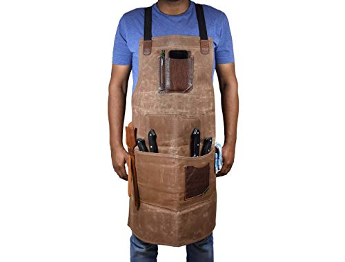 One Size Fits All Leather Utility Apron | Adjustable Cross-Back Straps | Multi-Use Shop Apron With Tool Pockets By Aaron Leather (Black)