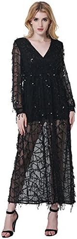 Gaotb Women's Sexy Deep V Neck Sequin Long Evening Party Dresses With Sleeve,Black/XXL