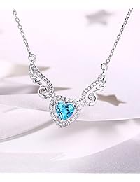HXZZ Fine Jewelry for Women 925 Sterling Silver Natural Gemstone Topaz Amethyst Peridot Love Heart Pendant Necklace Angel Wings