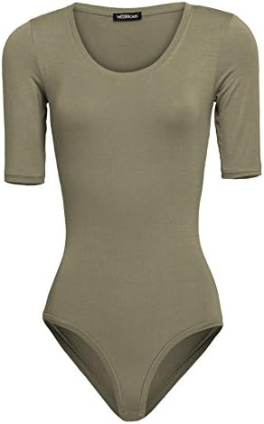 Wearious 3/4 Sleeve Scoop Neck Plain Stretch Leotard Bodysuit Top