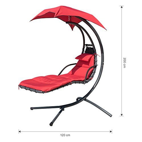 Finether Hanging Chaise Lounge Chair | Detachable Outdoor orIndoor Hammock Chair Swing with Arc Stand,Canopy,and Cushion for Patio,Beach,Yard,Garden,Red - Thumbnail 2