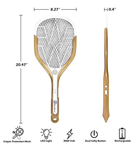 Blueberry Electric Mosquito & Bug Zapper Racket - Best Rechargeable Fly Swatter & Insect Killer, 3000V with USB Charging and LED Light, Safety 3-Layers Mesh, Durable Design for Indoor & Outdoor