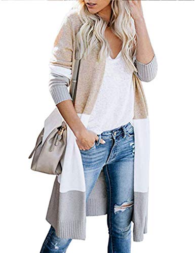 shermie Cardigan Sweaters for Women Colorblock Lightweight Open Front Long Cardigan Sweaters Khaki L