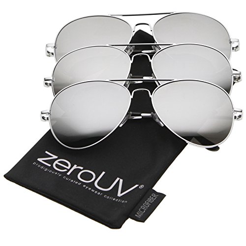 zeroUV - Classic Metal Frame Spring Hinges Color Mirror Lens Aviator Sunglasses 56mm (3-Pack | Silver)