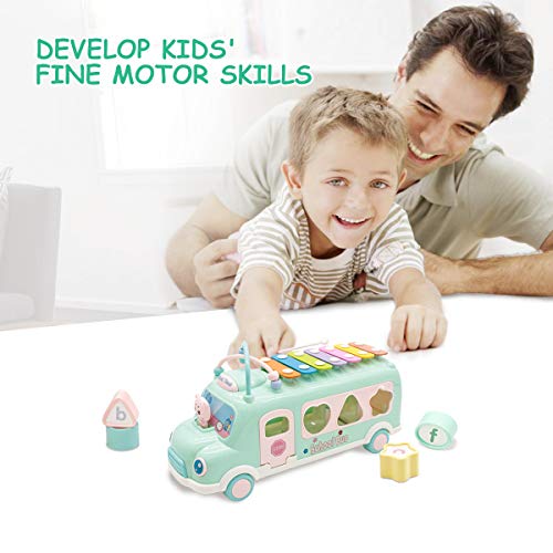 Lydaz Pull Along School Bus Toy with Xylophone, Shape Sorter (6 Alphabets Blocks), Multifunctional Vehicles for Baby Toddlers Kids Boys Girls Preschool