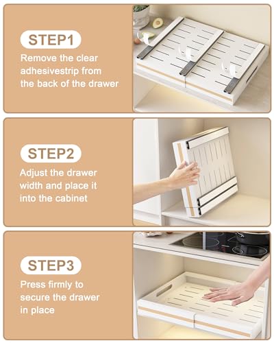 UMDONX 2 Pack Expandable Pull out Cabinet Storage Organizer Kitchen Cupboard Drawers, No Drill Adhesive Pantry Shelf Peel and Stick Sliding Rack(Durable Metal White Load 65LBS)