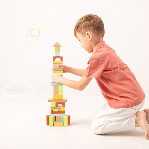 OOOK 100pcs Building Blocks for Toddlers 1-3, Wooden Blocks for Kids with Storage Bucket and Shape Sorter Lid, Montessori Toys for 1 2 3 Year Old, Learning Toys for Preschool Girls and Boys
