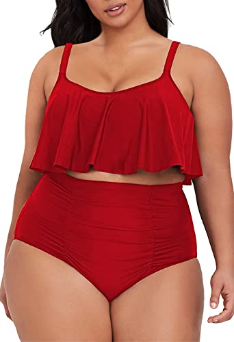 Viottiset Da donna Plus Size 2 pezzi Tankini Set di controllo della pancia Increspature Bikini Costumi Da Bagno Crop Top Cinghie Rosso 4XL