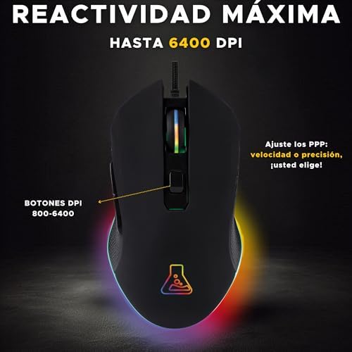 Kult Helium - RATÓN Gaming - 800 a 3200 dpi Sensor óptico, Retroiluminación 7 Colores LED, 6 Botones - Ratón de Juego cómodo y Ligero - Compatible con PC/Mac/Xbox One / PS4/PS5 (con Cable)