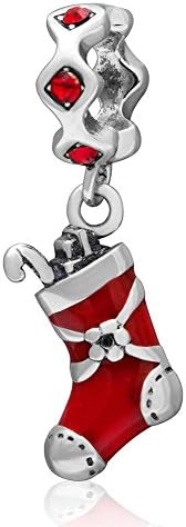 Charmstar Christmas Stocking Dangle Charm with Red Austrian Crystal and Enamel Authentic Sterling Silver Birthstone Pendant Bead for European Bracelet